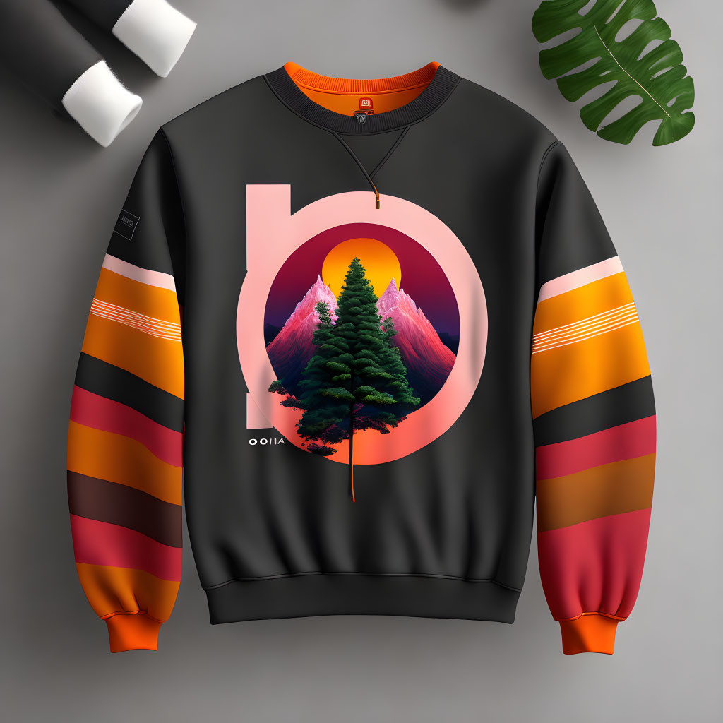 Colorful Abstract Mountain Design Sweatshirt with Striped Sleeves