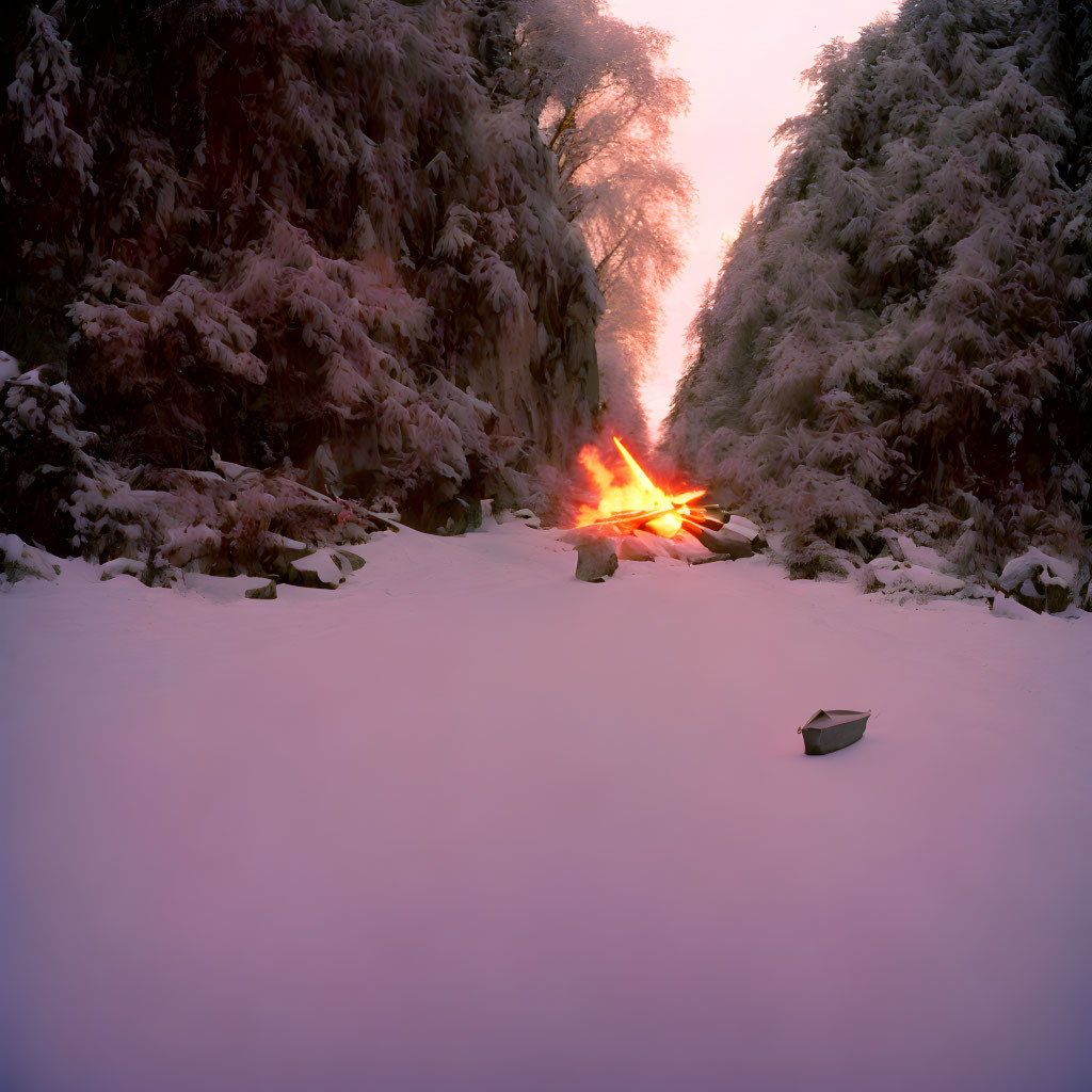 Snowy landscape with blazing bonfire and illuminated trees