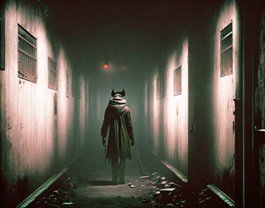 Mysterious figure with horns in dimly lit corridor