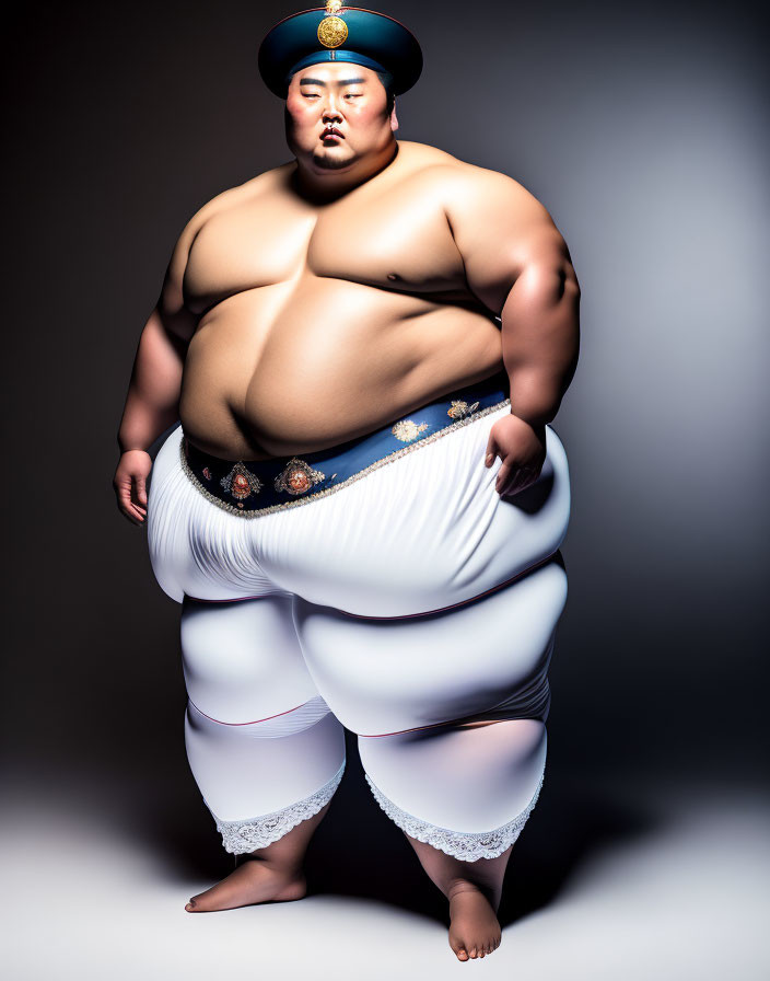 Sumo wrestler attire with mawashi belt on person against dark background