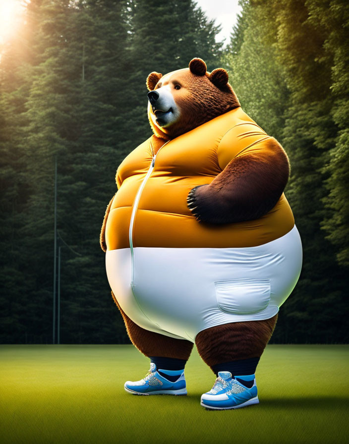 Anthropomorphic bear in stylish outfit on grassy field