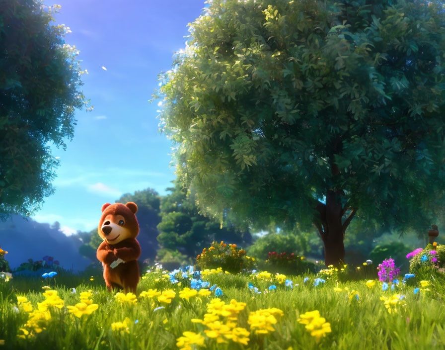 Animated bear in sunlit field with yellow flowers and lush greenery