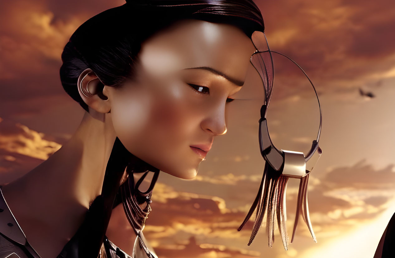 Digital artwork: Female figure with Asian features in futuristic headgear against sunset sky