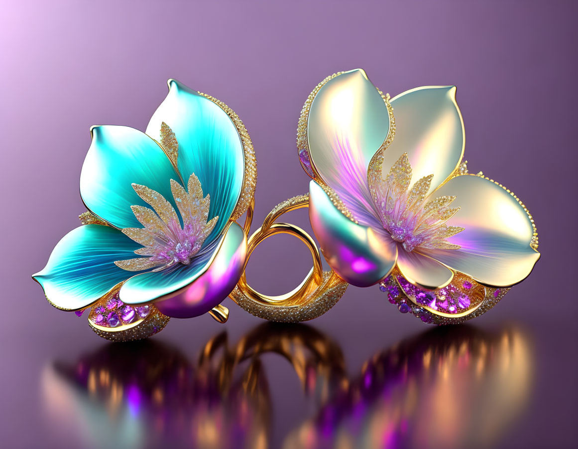 Ornate fantasy-themed rings with jewel-encrusted lotus flowers on purple background