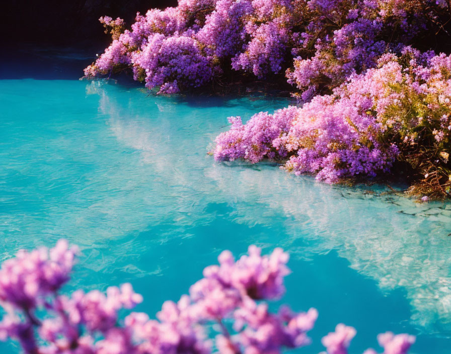 Serene turquoise lake with vibrant purple flowers blooming