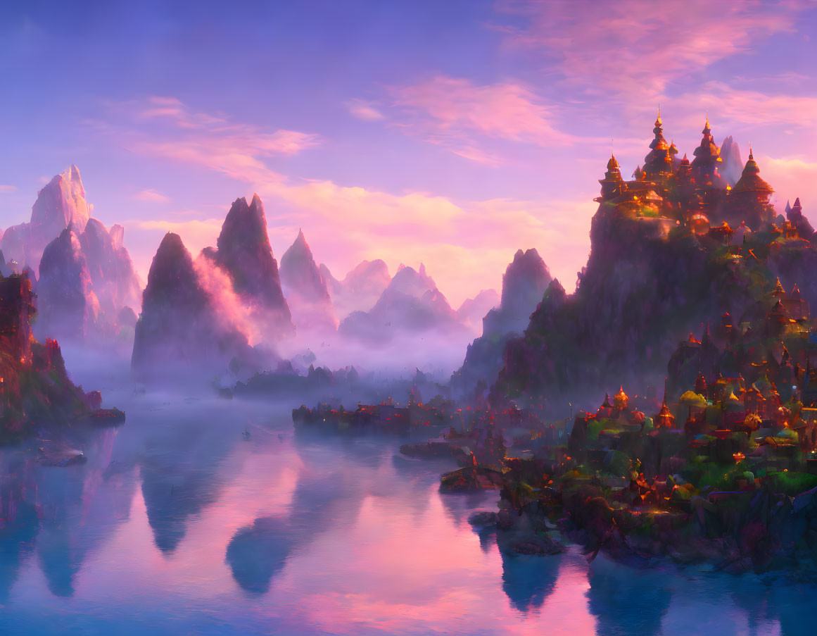 Vibrant sunset landscape with misty mountains and glowing buildings