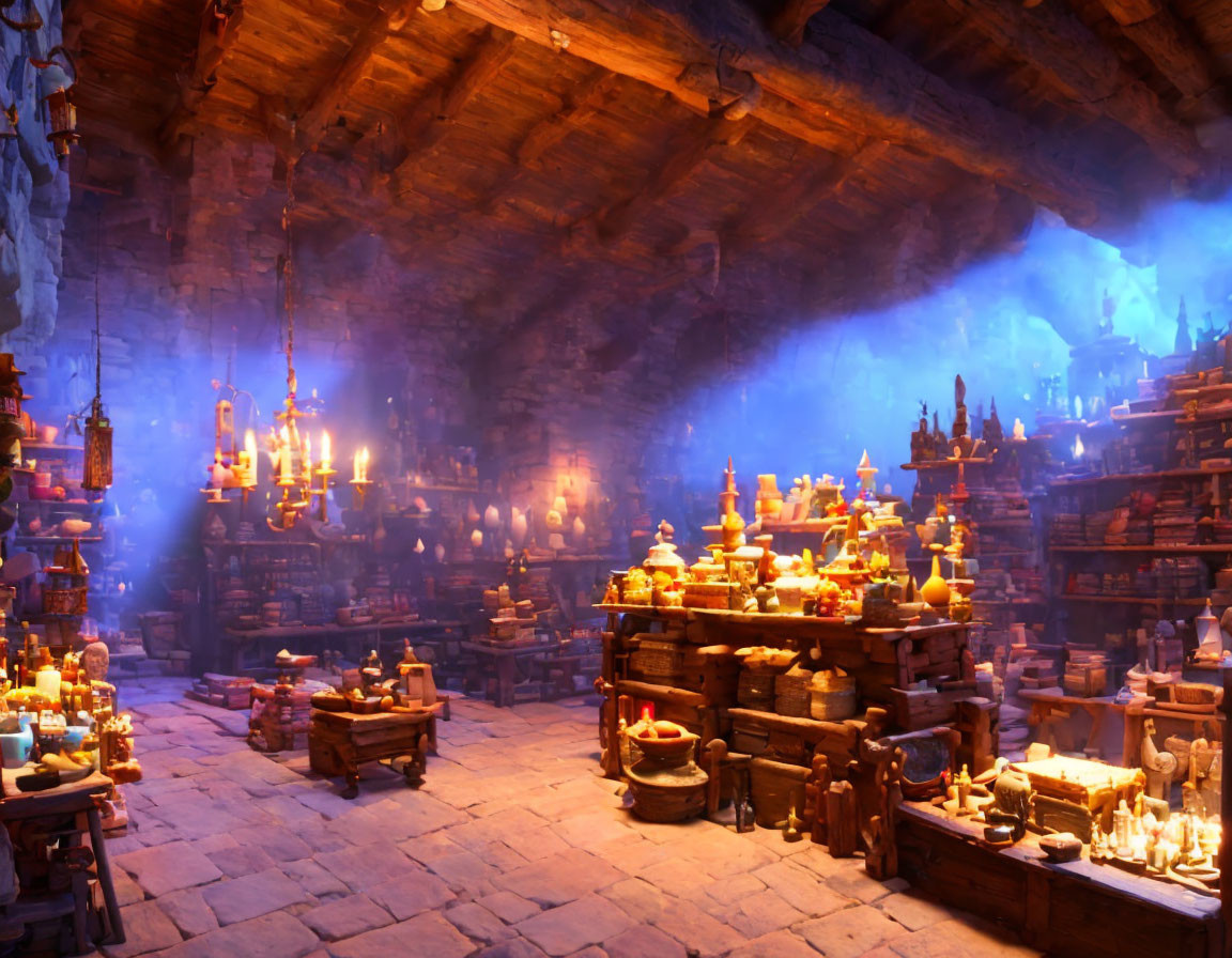 Cozy fantasy room with candles, books, and magical artifacts