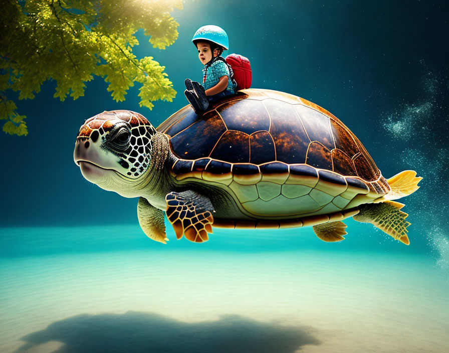 kid flying on a turtle