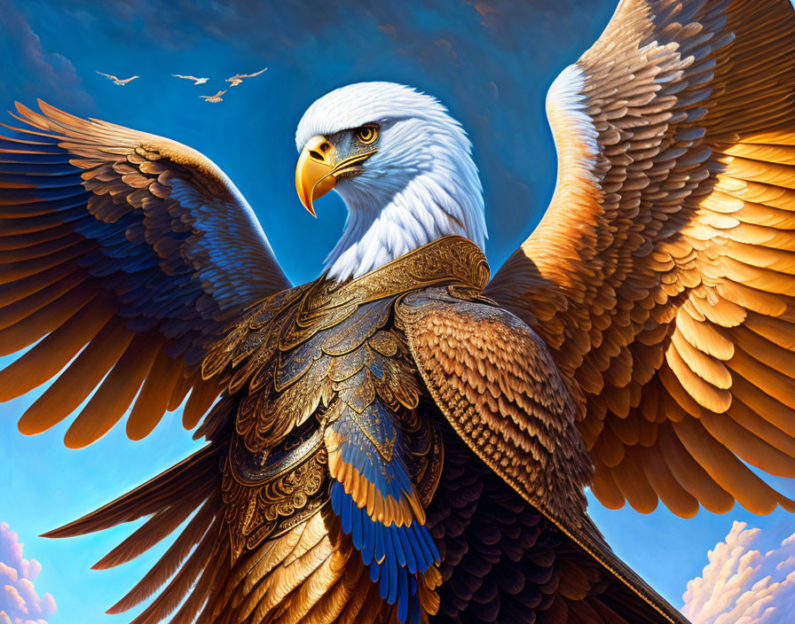 Detailed feathers: Majestic eagle mid-flight in blue sky