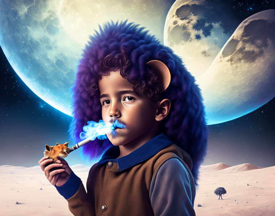 Surreal portrait of child with ram horns blowing blue smoke against fantasy moons