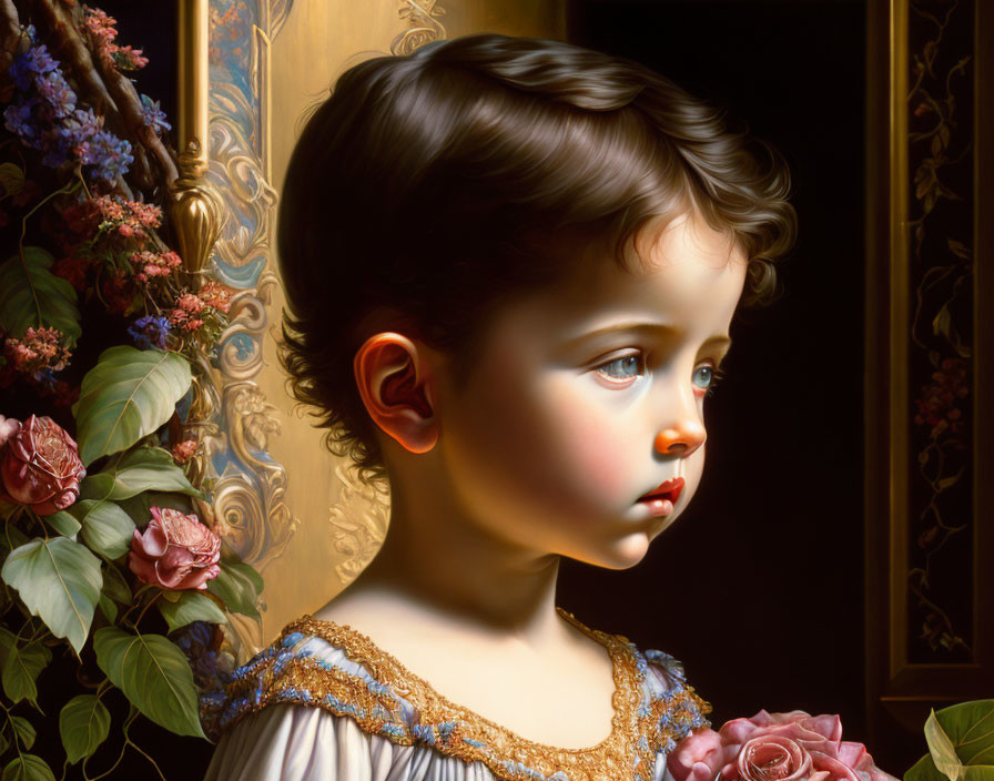Hyperrealistic Painting of Young Child in Vintage Dress with Flowers