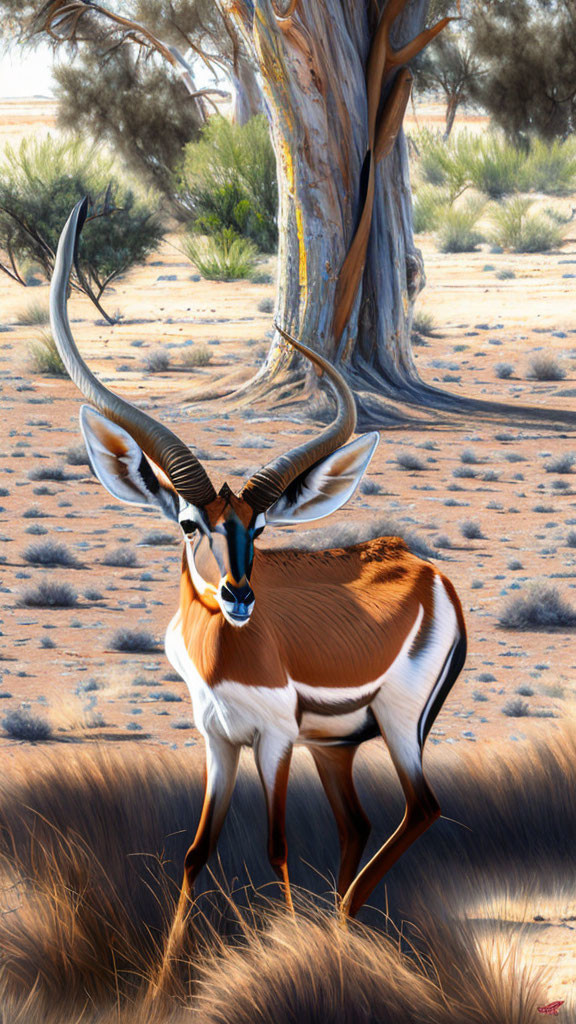 Spiraled horn antelope in sunlit savanna landscape