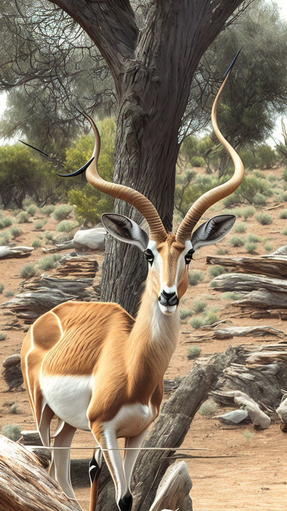 Impala with Long Spiral Horns in Savanna Landscape