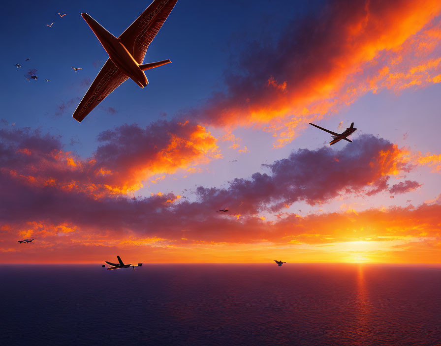 Airplanes and birds in silhouette against vibrant sunset sky over ocean