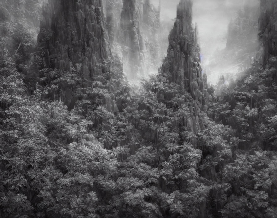 Monochrome forest landscape with dense foliage and rugged cliffs in misty setting