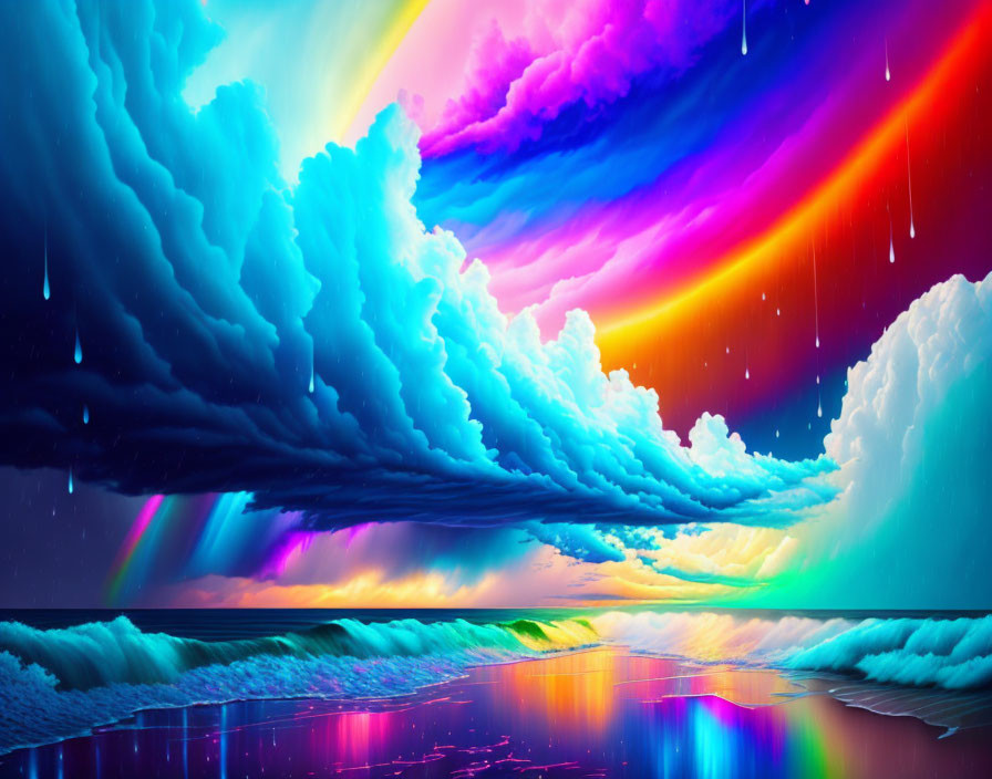 Colorful Clouds and Rainbow Spectrum Over Reflective Ocean in Digital Landscape