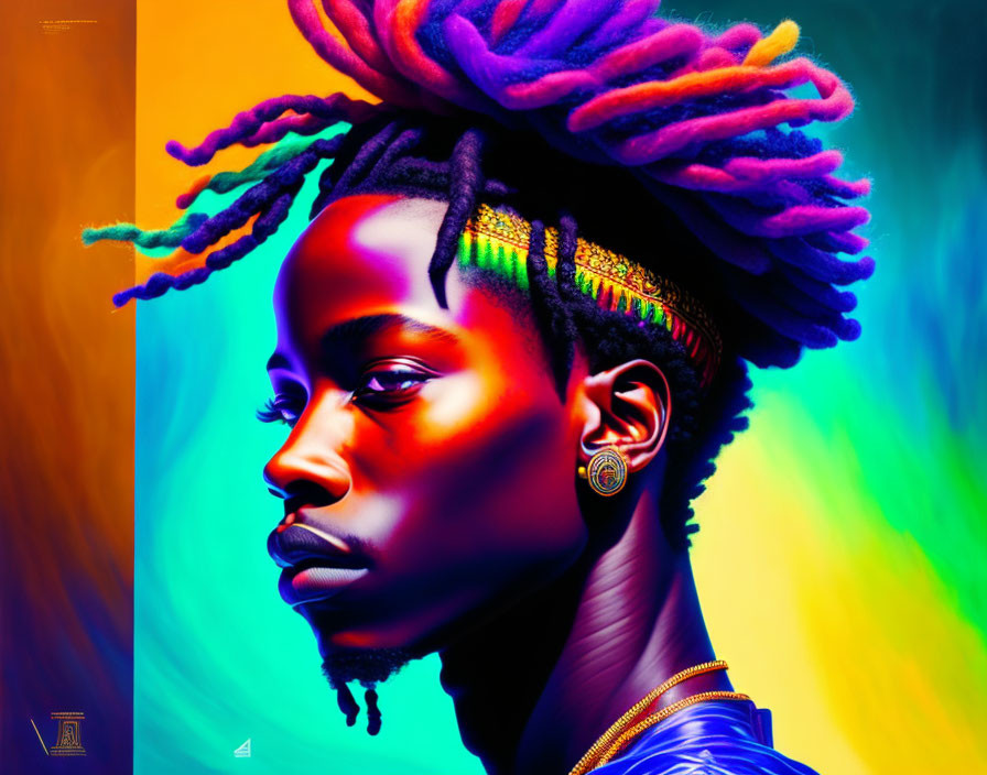 Colorful Portrait Featuring Vibrant Dreadlocks and Detailed Earrings