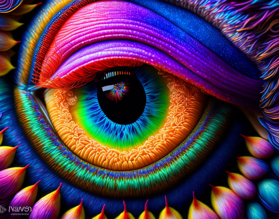 Detailed Eye Illustration with Vibrant Feather-Like Patterns