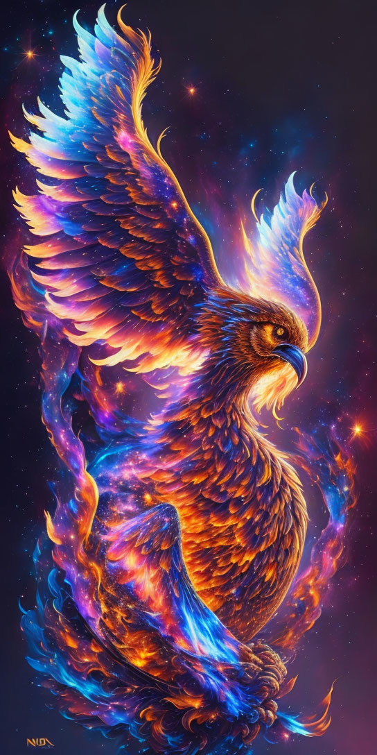 Mythical phoenix digital artwork with fiery wings in cosmic setting