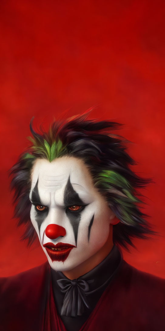 Clown makeup with white face paint, green hair, red nose, dark suit on red background