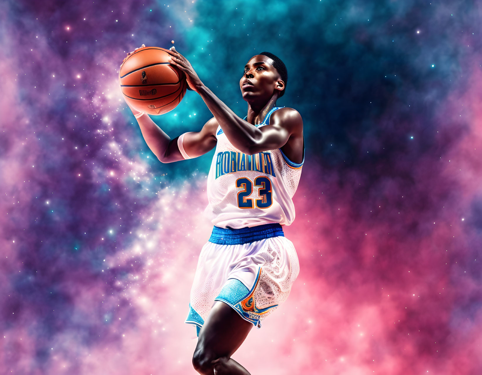 Basketball player shooting with cosmic starry background