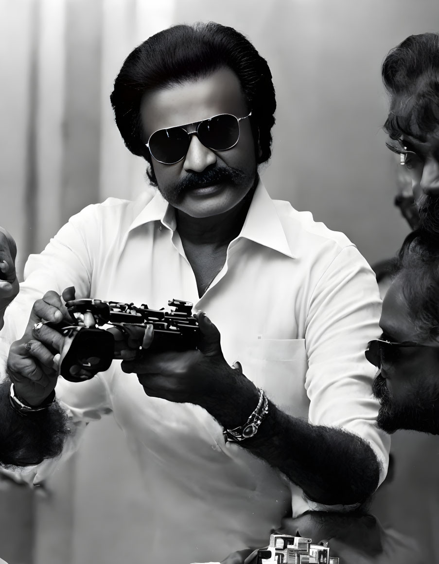Man with distinctive hairstyle and sunglasses inspecting gun in monochrome setting