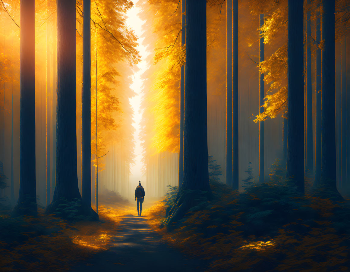 Person walking in vibrant sunlit forest with tall trees & golden leaves