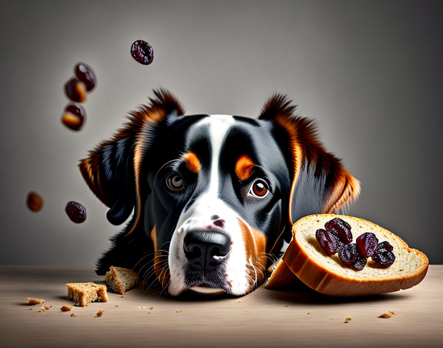 Striking-eyed dog looks at bread with jelly and floating jelly beans