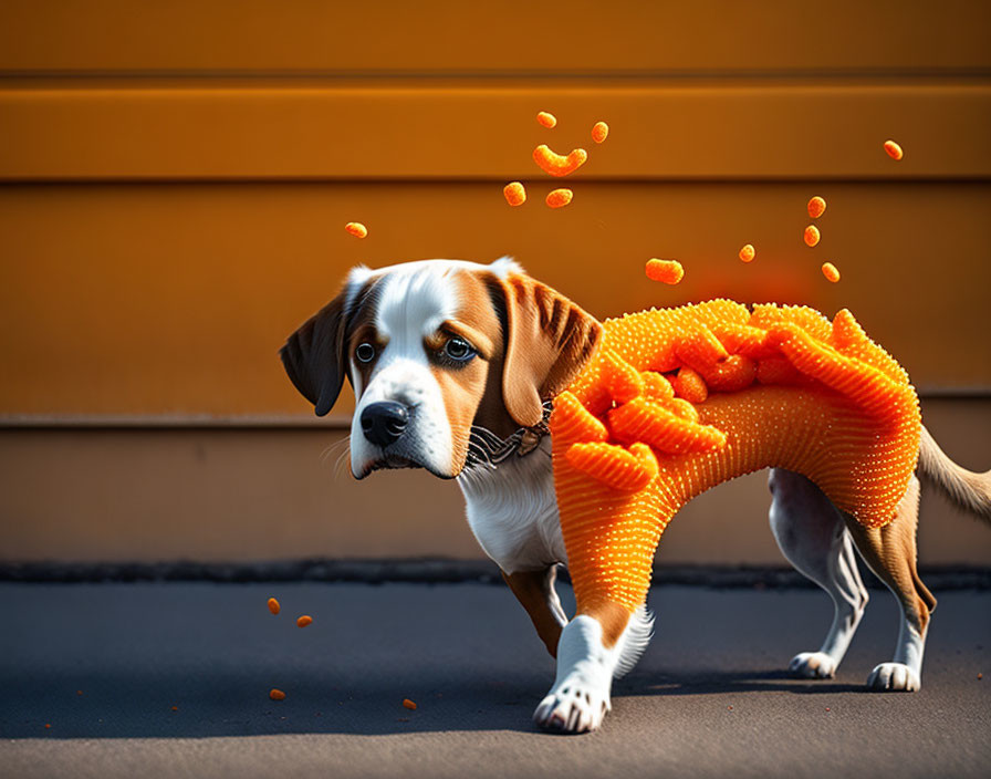 Corn-Based Snack Dog Losing Pieces on Yellow Background