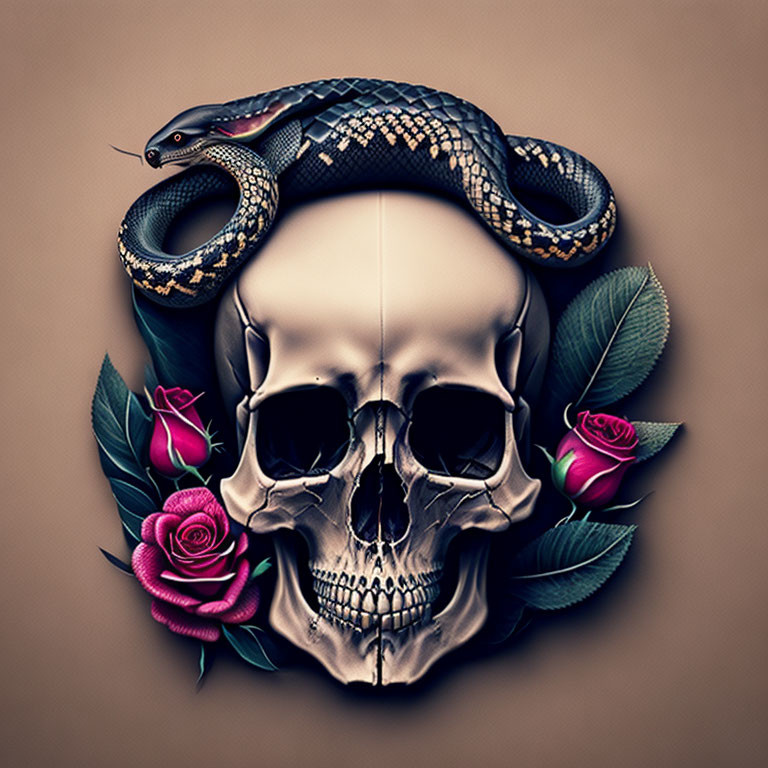 Snake skull rose tattoo 