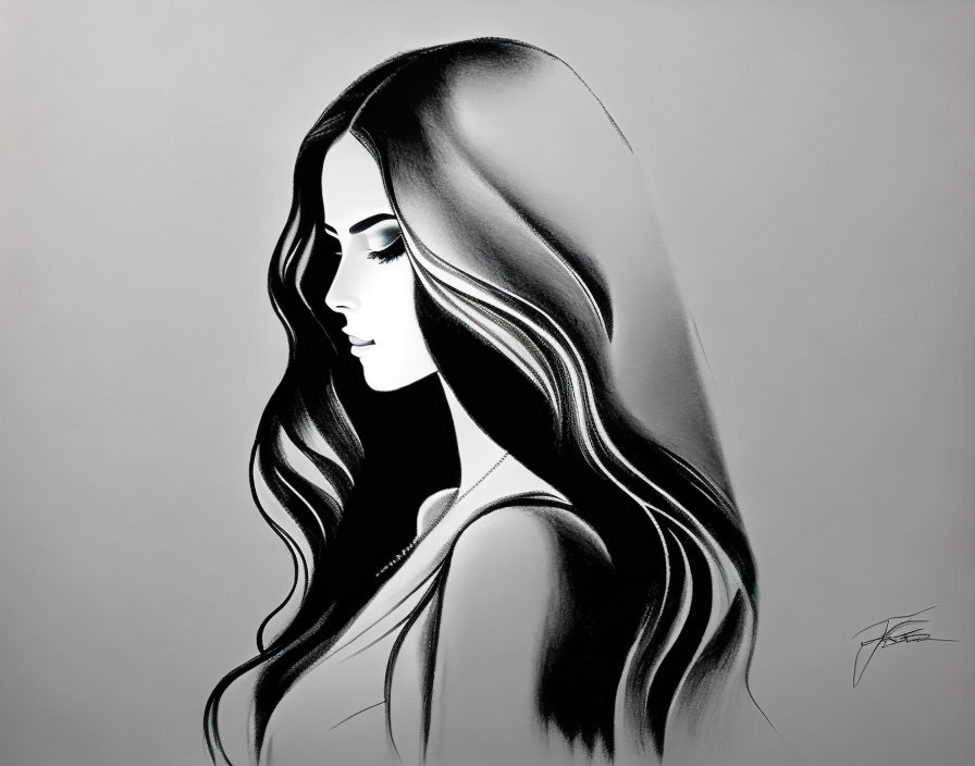 Monochrome profile sketch of woman with long hair and serene expression