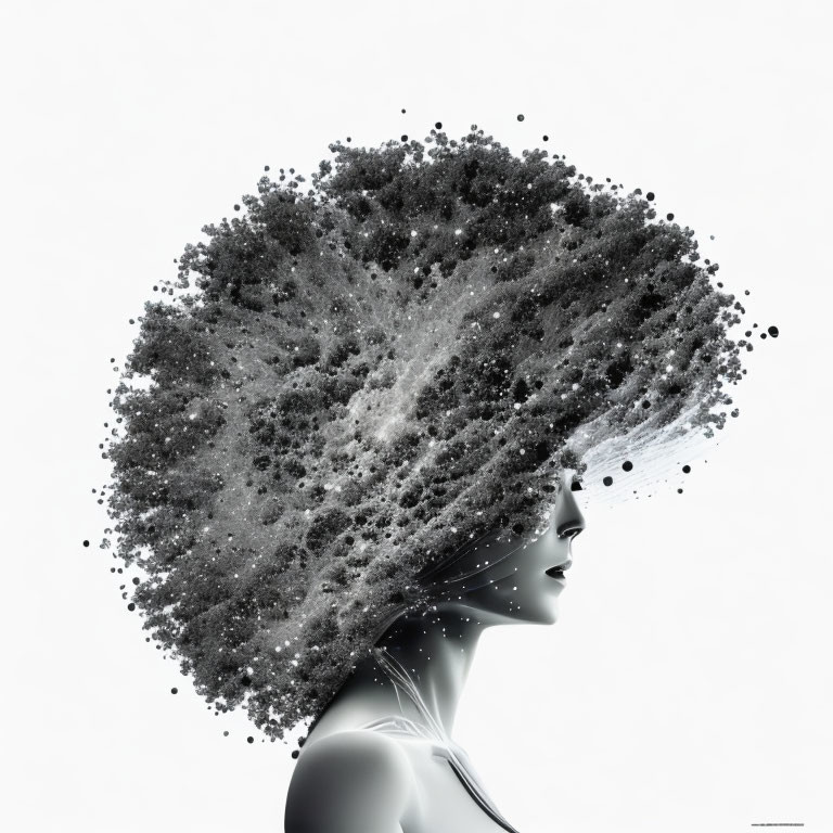 Monochrome side profile of woman with hair as galaxy cloud