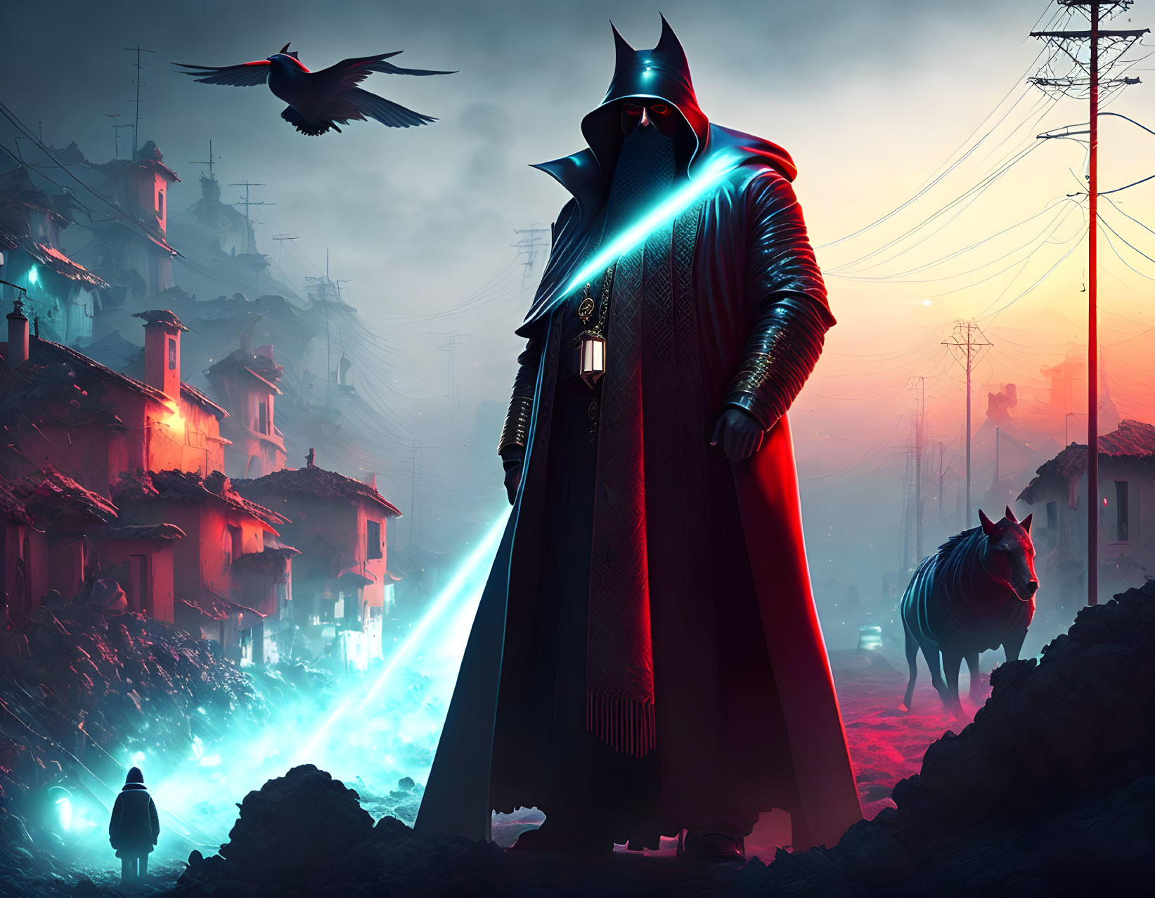 Cloaked figure with glowing blue sword in dystopian town with bird and wolf under dusky sky