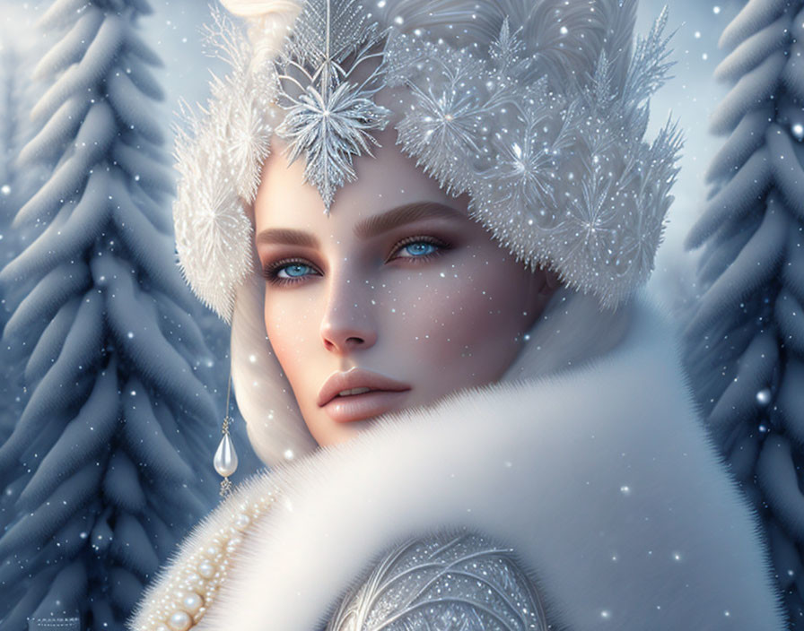Digital art portrait of woman with crystal blue eyes and snowflake accessories in snowy forest.