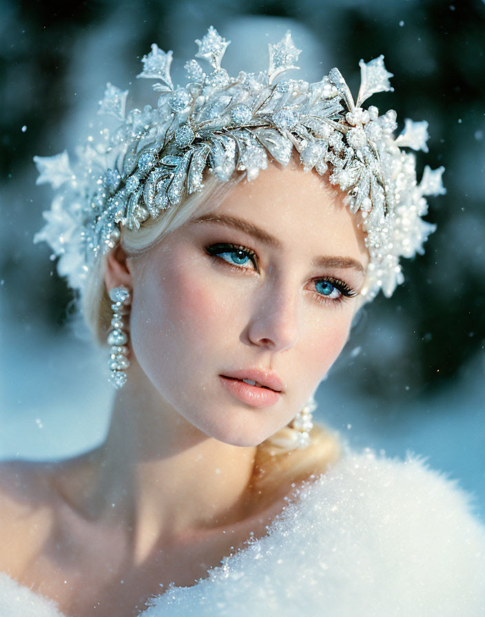 Blue-eyed woman in snowflake crown and earrings surrounded by white fluff on snowy backdrop