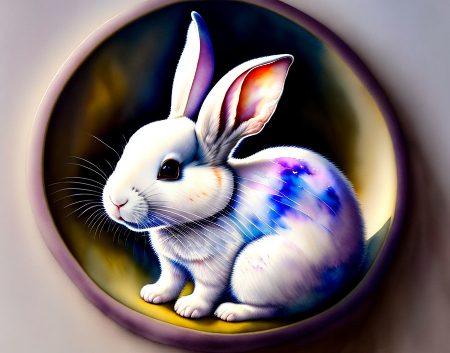 Vibrant white rabbit illustration with blue and purple highlights in round frame