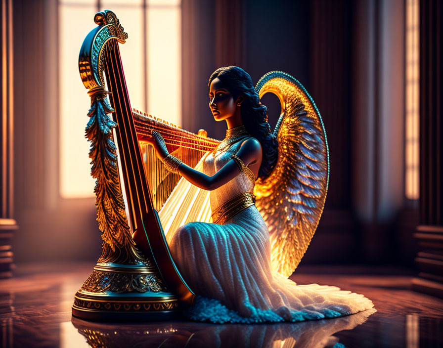 Golden-winged angel playing harp in warmly lit room