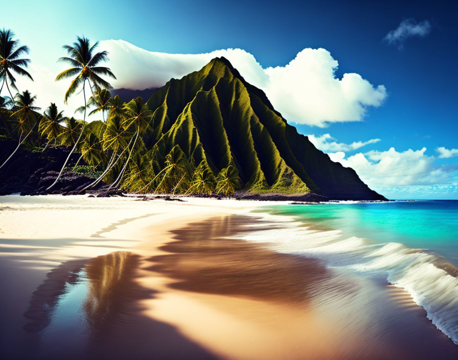 Scenic Tropical Beach with Green Mountain, Palm Trees, and Blue Sky