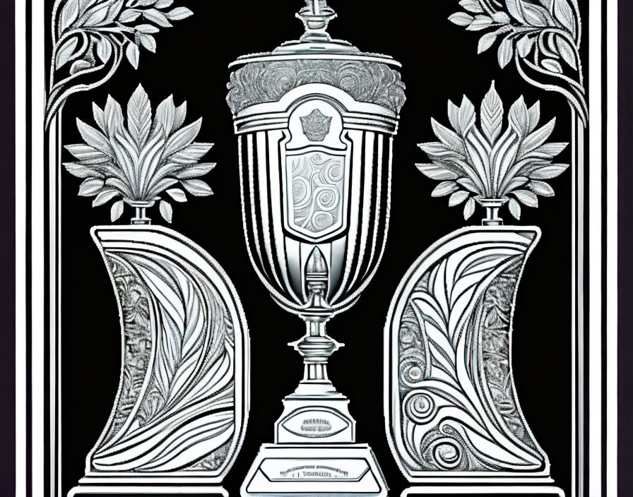 Detailed black and white illustration of trophy and vases with leaf motifs