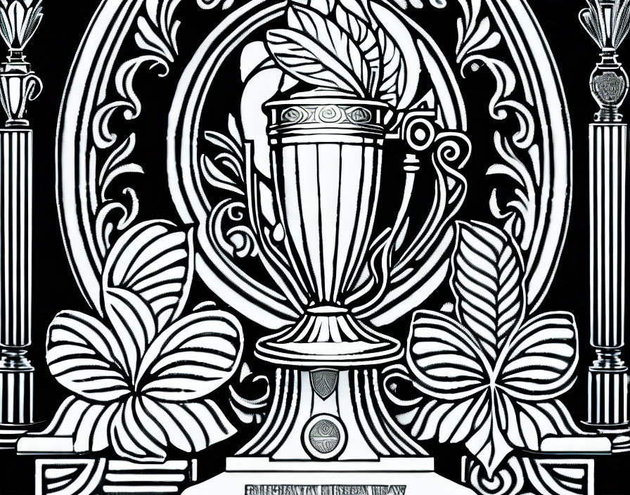 Detailed black and white illustration of classical vase with floral patterns and columns
