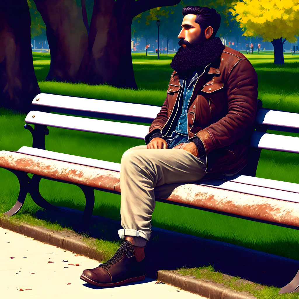 Man in Autumn Outfit Contemplates on Park Bench Among Fall Foliage