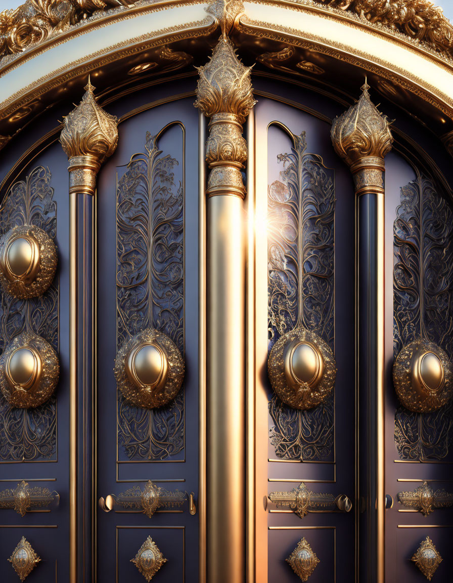 Luxurious Golden and Blue Double Doors with Ornate Patterns