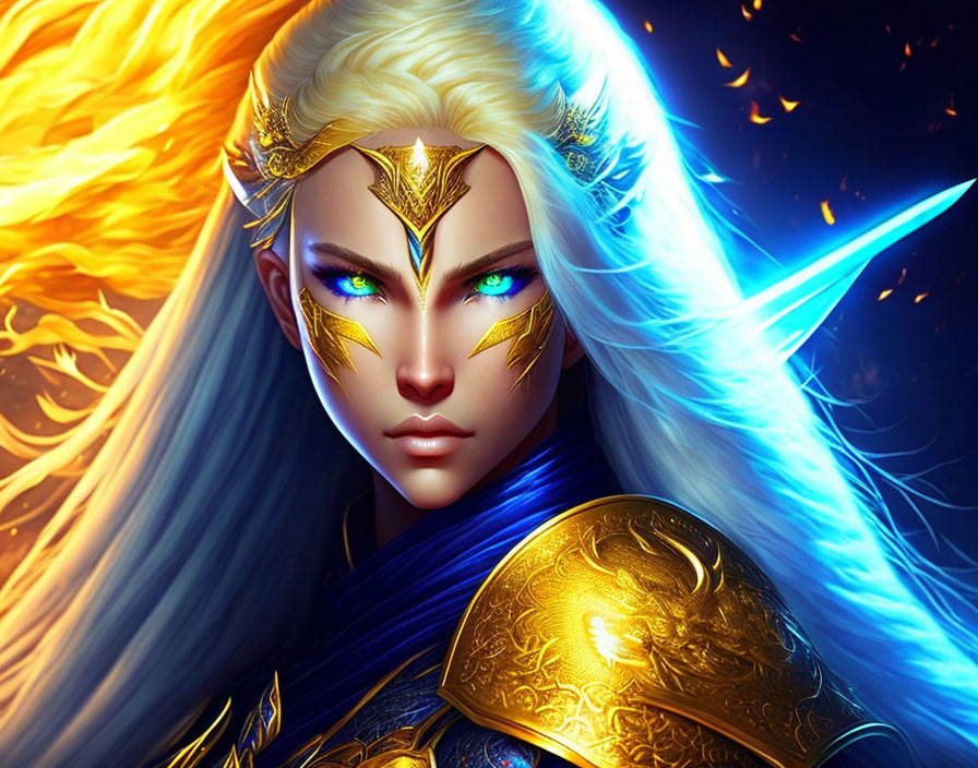 Fantasy warrior with blue eyes, golden armor, and glowing sword in fiery and icy setting