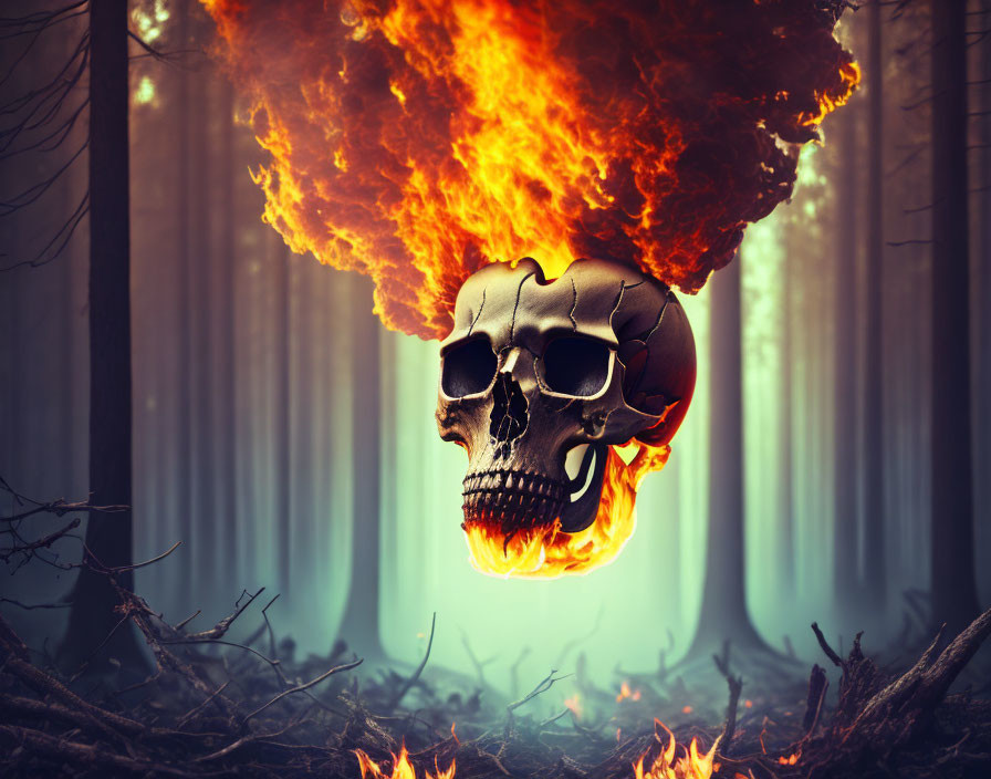 Flaming skull in misty forest with eerie glow
