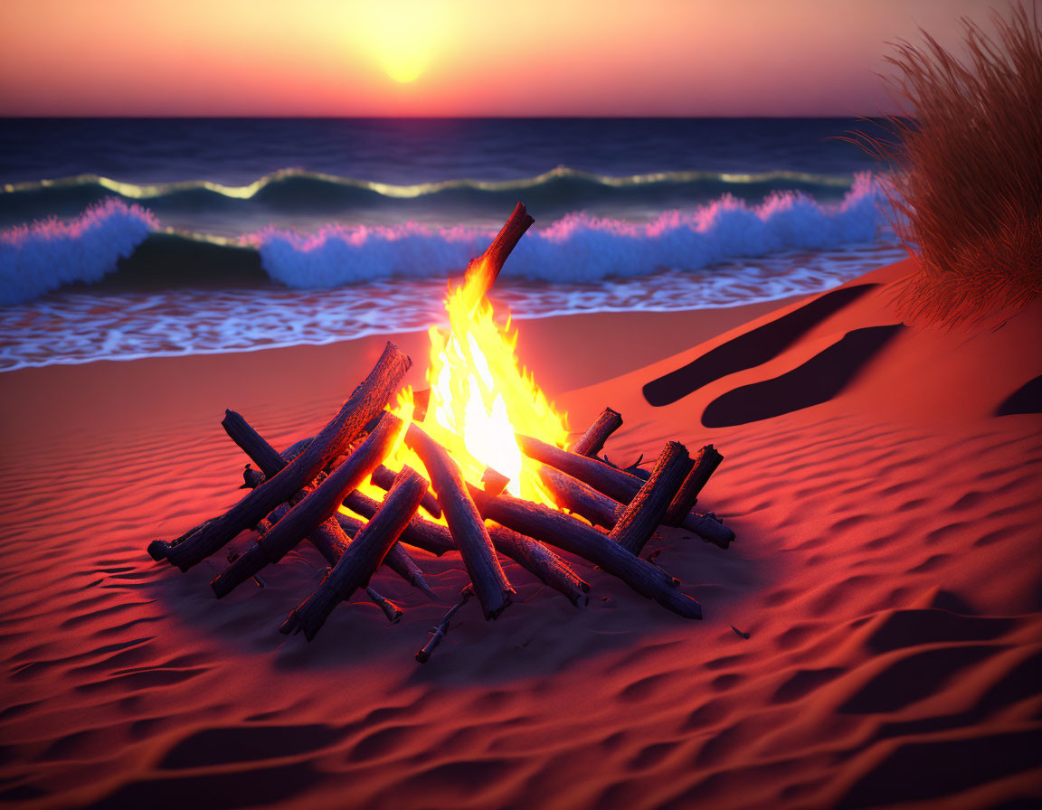 Sunset beach bonfire with blazing flames and ocean waves in background