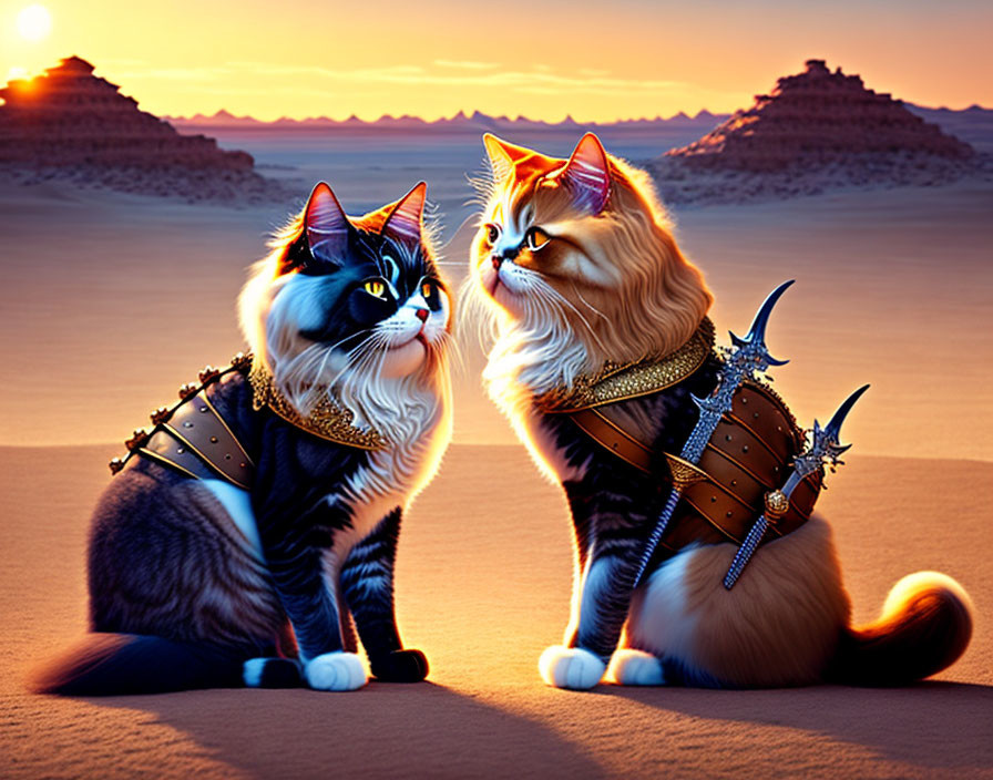 Two armored cats in medieval-style outfits in desert sunset with rocky formations