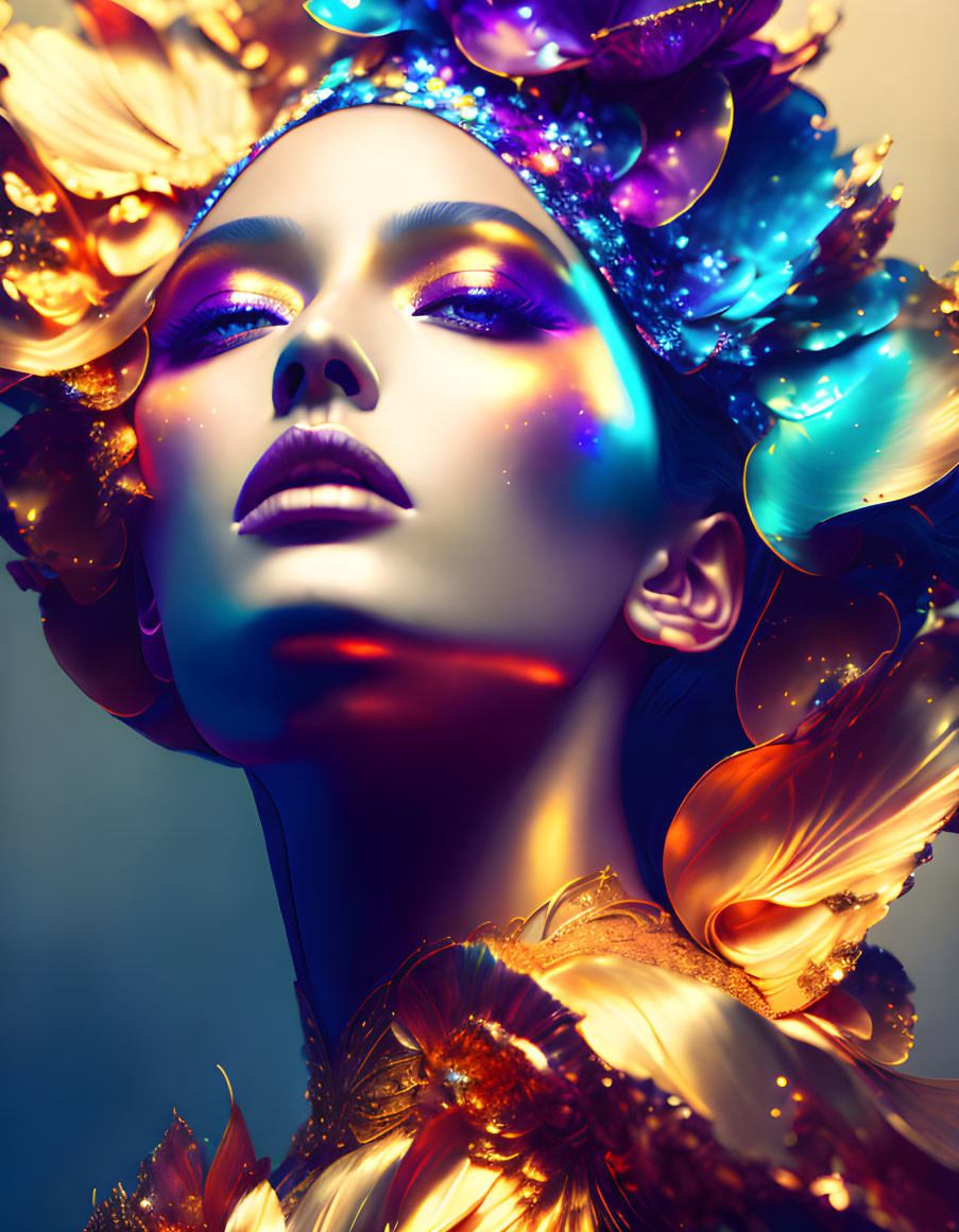 Colorful portrait of a woman with luminous petals and leaves in striking light and shadow
