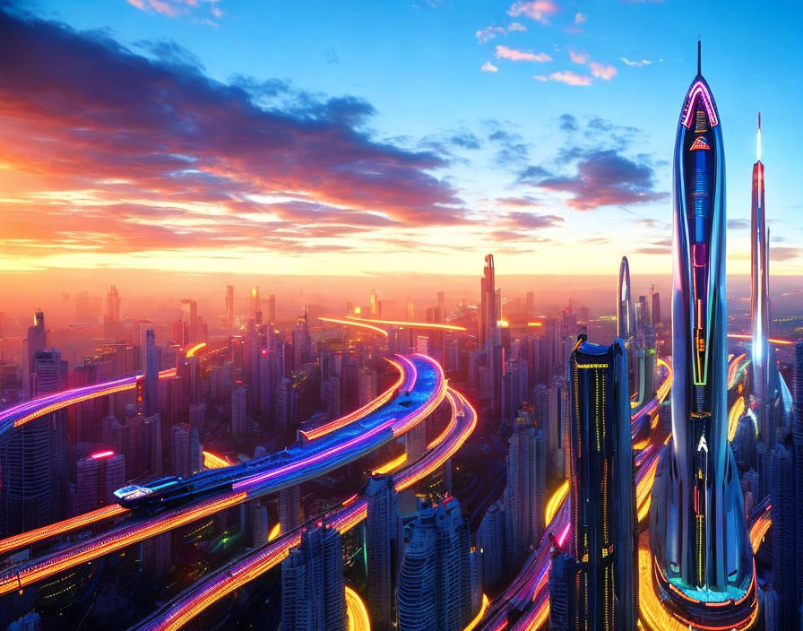 Vivid sunset futuristic cityscape with neon lights & skyscrapers