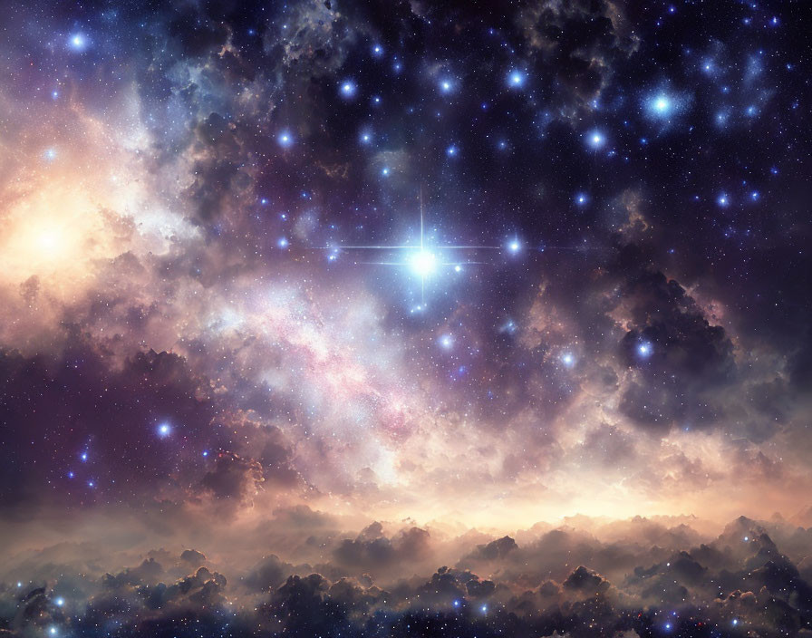 Colorful Cosmic Landscape with Stars and Nebulous Gas Clouds