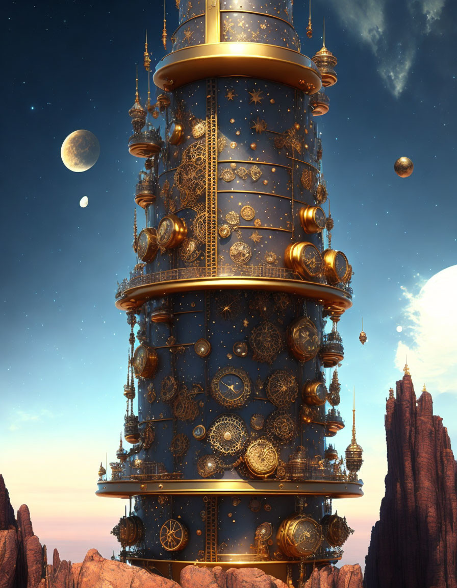 Steampunk-themed towering structure with cog motifs against twilight sky.